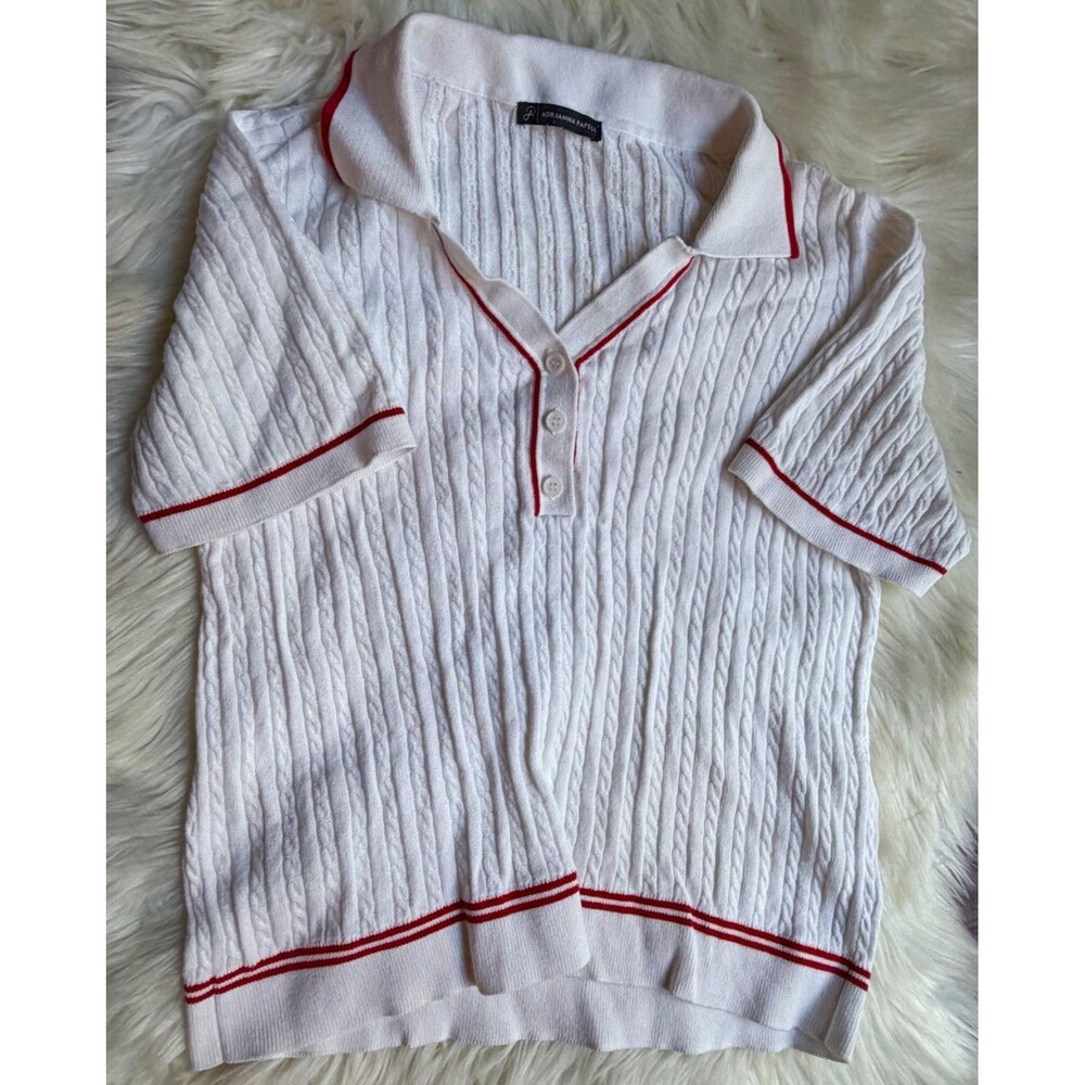 Adrianna Papell Women's White Cable-Knit Polo Collar Short Sleeve Sweater Top M